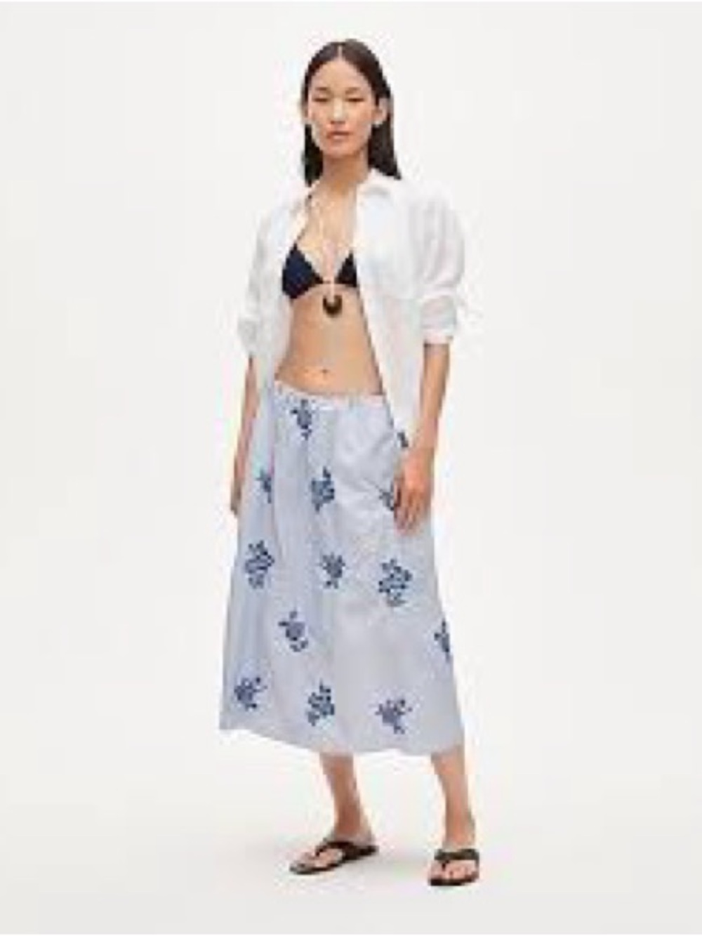 Madewell Light Blue Striped Midi Skirt with Navy Floral Embroidery
